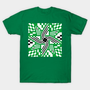 Green Black and White Checkered Pinwheel Optical Illusion T-Shirt